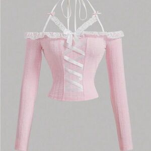 NEVER WORN NWT SHEIN Pink White Lace Long Sleeve Off Shoulder Top, Knitted Bow